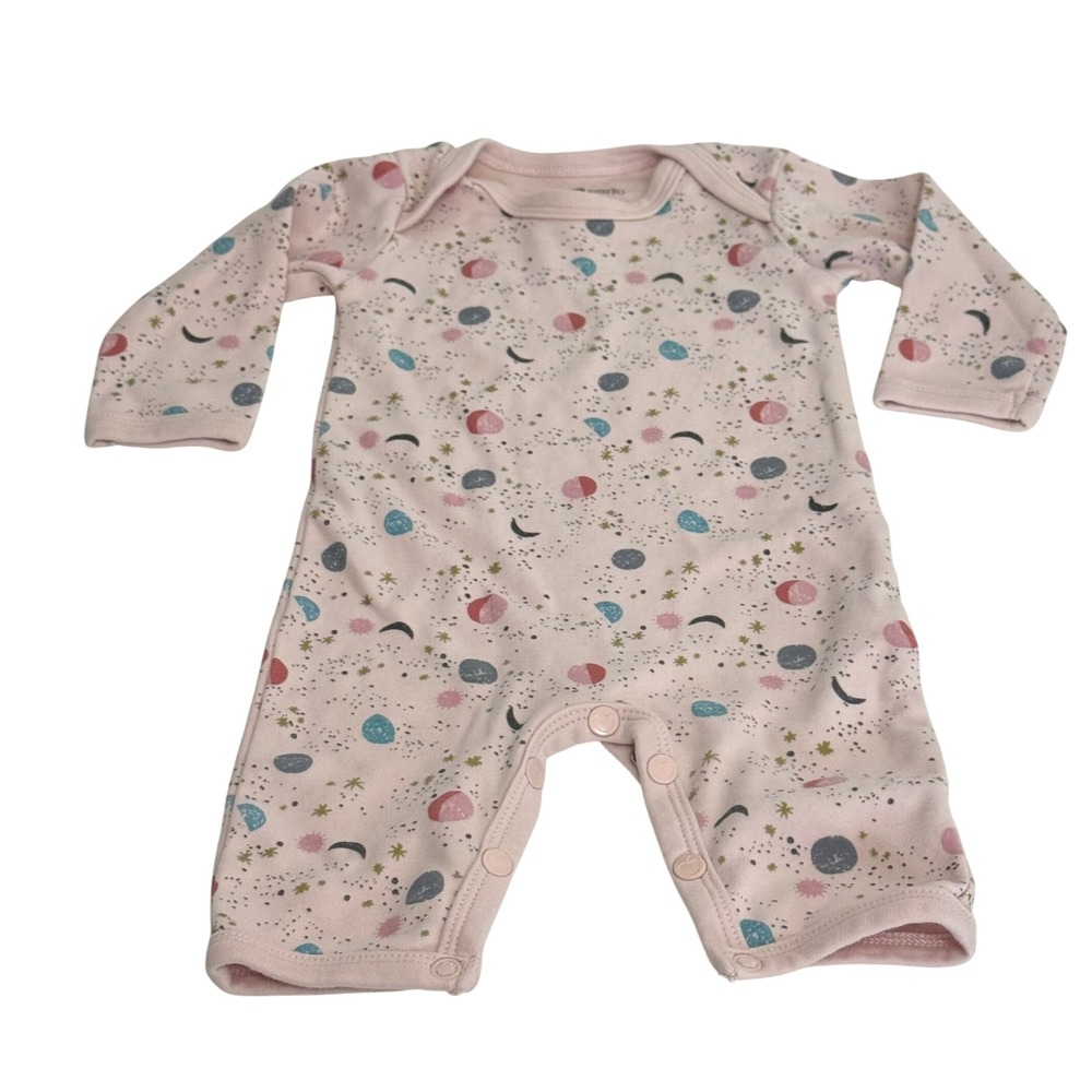 Apple Park Organic Cotton Baby Romper Pink Celestial Stars‎ Moon Snap Bottom3-6m